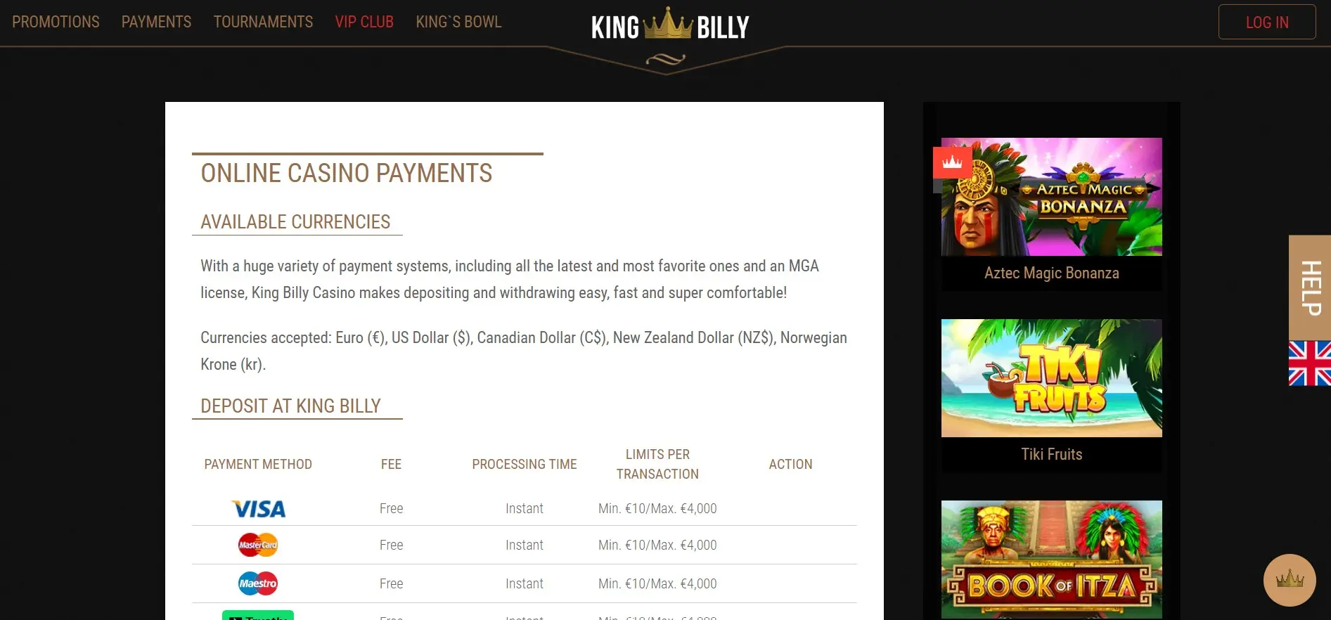 King Billy casino payment methods