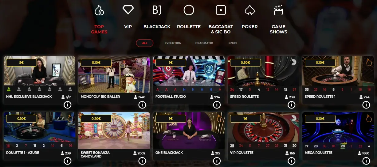 Olybet live casino game selection