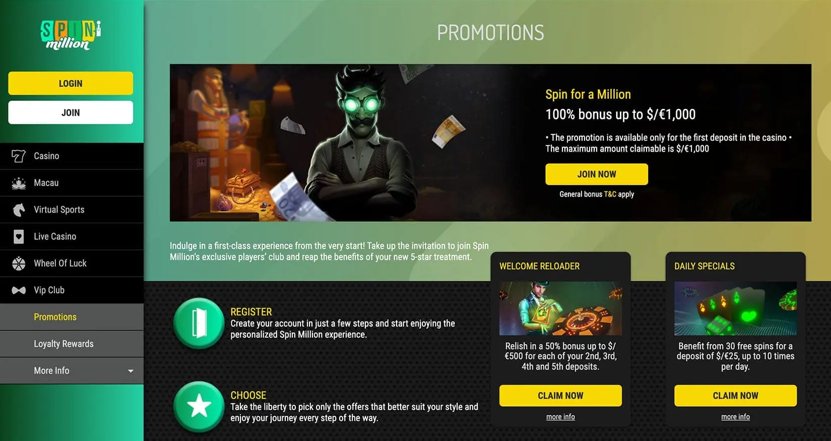 Spin Million bonuses and offers